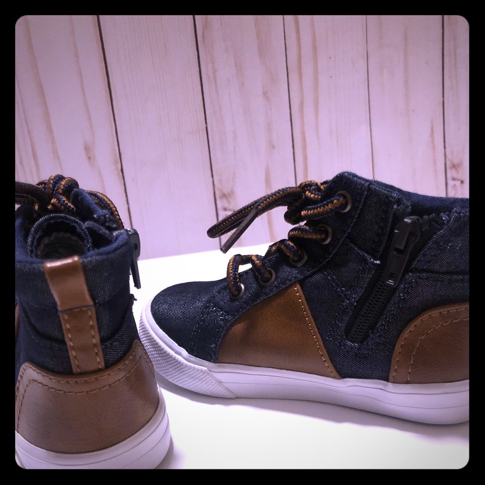 Denim and Brown Leather Boys Sneakers Size 6
